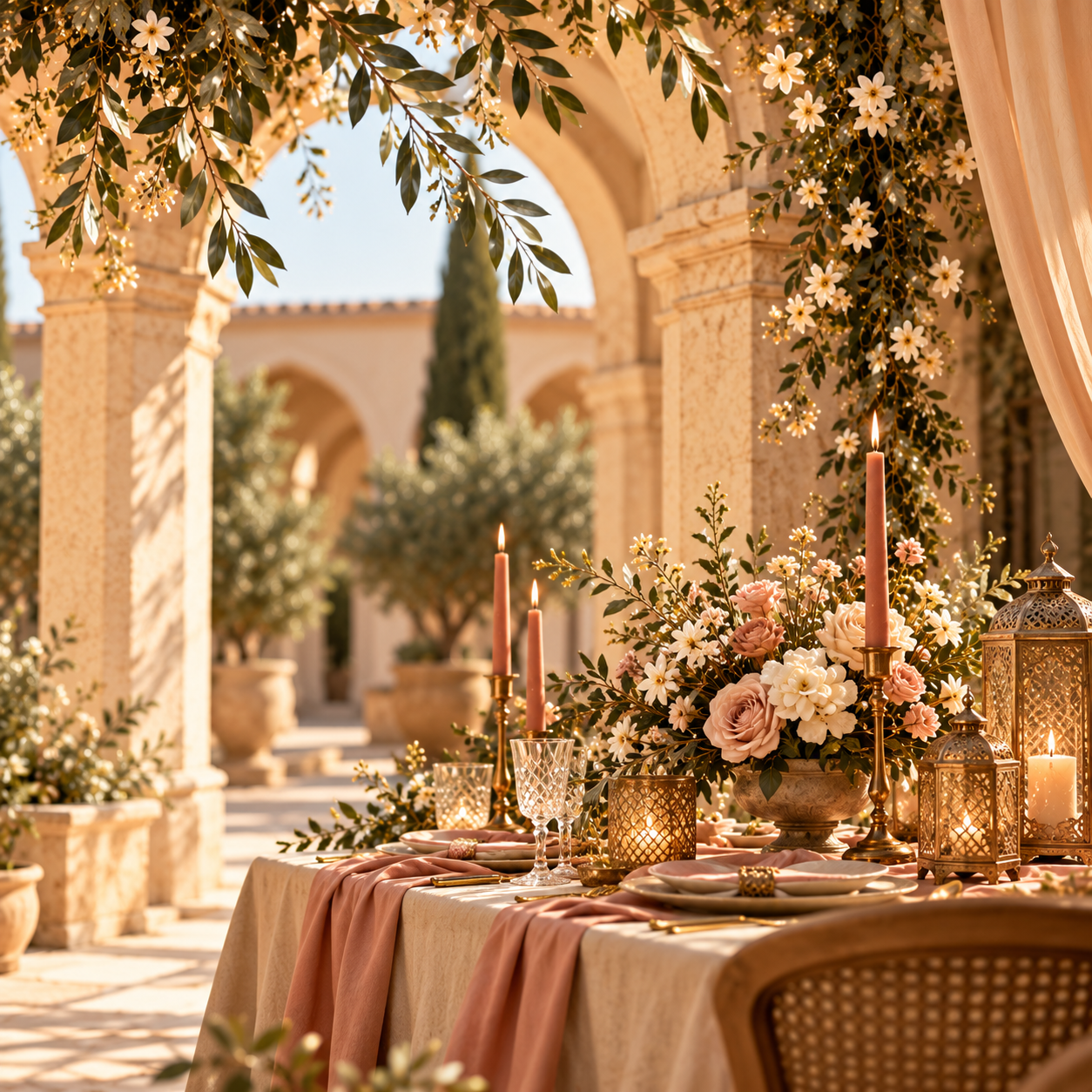 Architectural event styling concept with warm limestone arches and soft flowers