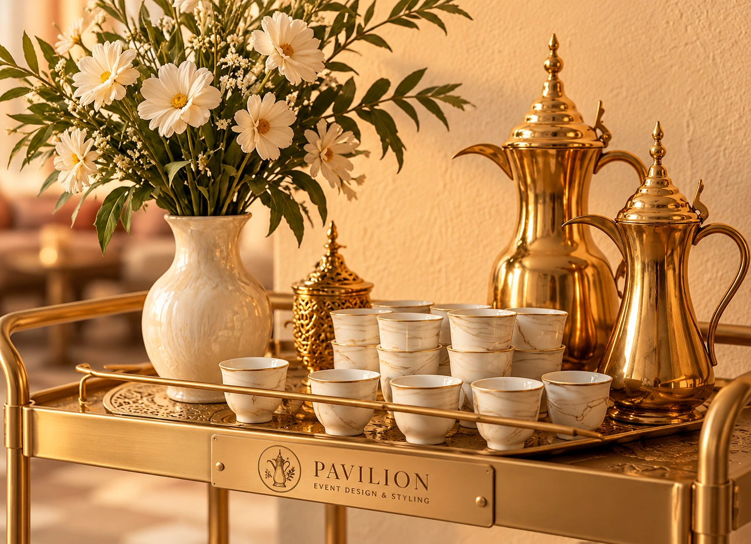 Gold hospitality serving cart styled with Arabic coffee dallahs and white finjan cups